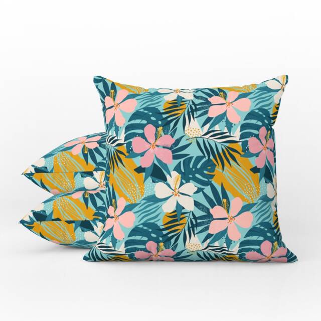 Outdoor Pillows - Weatherproof Garden Cushions Tropical Hawaiian Aqua Blue Pink Hibiscus Floral Decorative Waterproof Home Decor - image 1