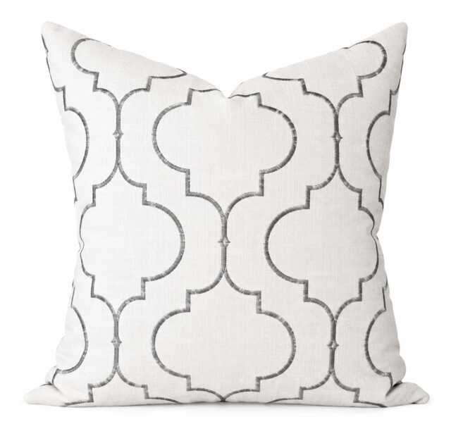 Grey Moroccan Embroidered Pillow Cover, Silver Trellis Accent Pillow, Modern Geometric Throw Designer Cushion, All Sizes - image 1