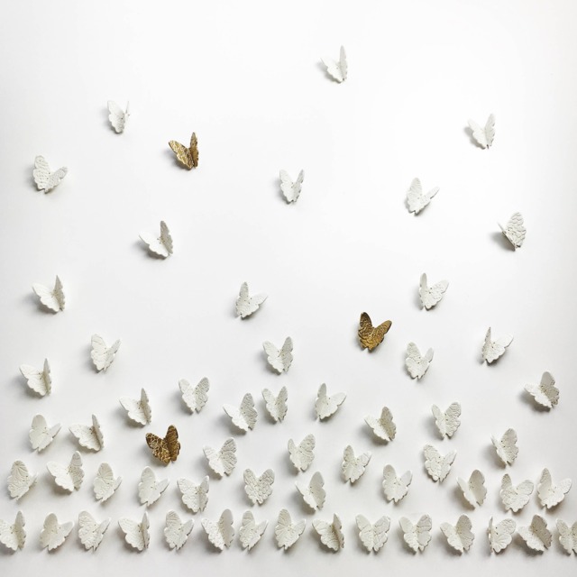 3D Butterfly Wall Art White & Gold Handmade Porcelain, Metal Wire Extra Large Set - 60 - image 1