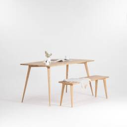 Solid Oak Dining Table & Bench Set - Mid Century Modern Scandinavian Design - thumbnail 2