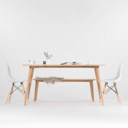 Solid Oak Dining Table & Bench Set - Mid Century Modern Scandinavian Design - thumbnail 3