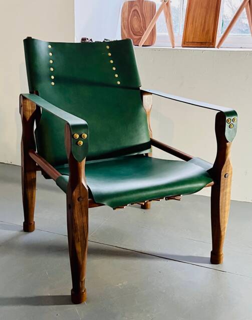 Roorkee Chair Walnut & Green Leather Campaign Chair - image 1
