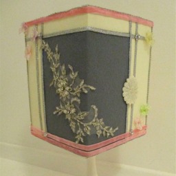 Silver Jewelled Applique Lampshade - Square Embroidered Light Shade Vintage Romantic Decor With Delicate Pink Flowers & Fine Trim - thumbnail 4