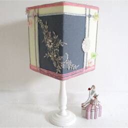 Silver Jewelled Applique Lampshade - Square Embroidered Light Shade Vintage Romantic Decor With Delicate Pink Flowers & Fine Trim - thumbnail 2