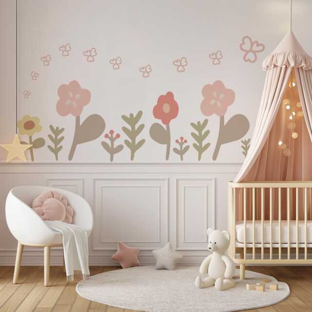 Boho Flower Wall Stickers, Neutral Nursery Decals, Floral Baby Room Decor, Scandinavian Peel & Stick Flowers - image 1