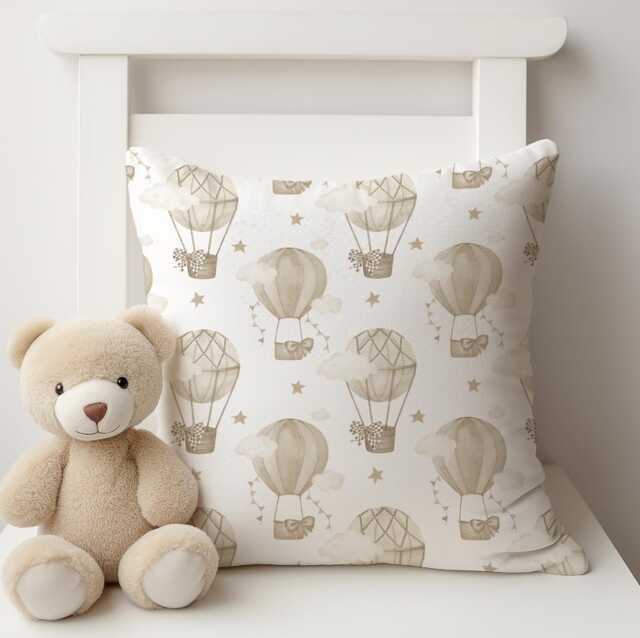 Multi Hot Air Balloons - Beige Pillow, Kids Square Throw Pillow Decor, Children's Room Decor, Cotbed Bedding, Air Balloon Bedding
