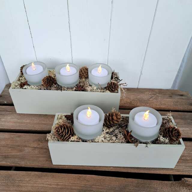 Rustic Painted Wooden Candle Box With Moss & Cones - image 1