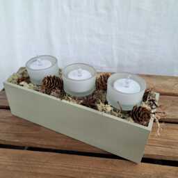 Rustic Painted Wooden Candle Box With Moss & Cones - thumbnail 2