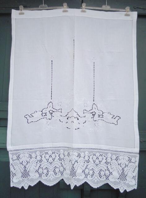 Handmade Cotton Curtain Cutwork Embroidery, Crochet Lace, Cherub Design - image 1