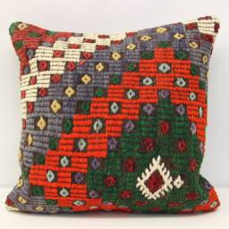 Anatolian Kilim Pillow Cover, 18x18 Inch Wool Chevron Cushion - thumbnail 2