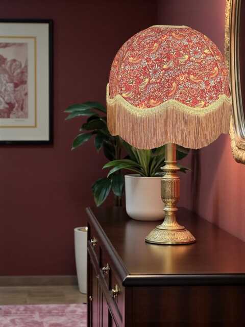 Handmade William Morris Crimson Strawberry Thief Fabric Dome Lampshade Antique Gold Braid & Fringe - image 1