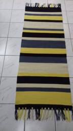 Handwoven Wool Rug, Striped Art Runner, Black, Grey, Yellow - thumbnail 1