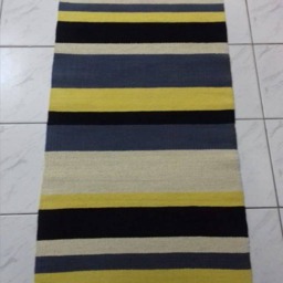 Handwoven Wool Rug, Striped Art Runner, Black, Grey, Yellow - thumbnail 3