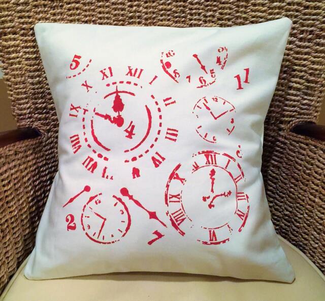 Decorative Pillow Cover, Stencilled Pillow Cover, Clock Pillow, Painted Canvas Red Cover 16 X 16, Modern - image 1