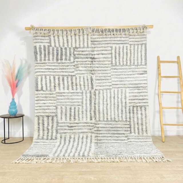 Moroccan Gray Berber Rug, Handwoven Wool Shag Rug With Rectangular Block Patterns, Authentic Beni Ourain Style Carpet, Large 9x12 Area - image 1