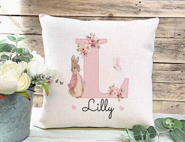 Personalised Peter Rabbit Cushion, Girls Bedroom Decor, Pink Floral Initial Gift, Granddaughter Daughter Birthday Gift For Girl - image 1