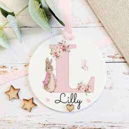 Personalised Peter Rabbit Cushion, Girls Bedroom Decor, Pink Floral Initial Gift, Granddaughter Daughter Birthday Gift For Girl - thumbnail 2