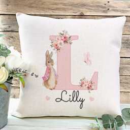 Personalised Peter Rabbit Cushion, Girls Bedroom Decor, Pink Floral Initial Gift, Granddaughter Daughter Birthday Gift For Girl - thumbnail 4