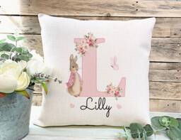 Personalised Peter Rabbit Cushion, Girls Bedroom Decor, Pink Floral Initial Gift, Granddaughter Daughter Birthday Gift For Girl