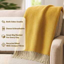 Mustard Herringbone Wool Throw - Recycled, Soft Sofa Blanket - 185x152 cm - thumbnail 3