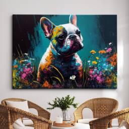 French Bulldog With Flowers Dog Pet Abstract Modern Oil Painting Wall Art, Framed Canvas Poster Print, Home Kitchen Office Room Decor, Gifts - thumbnail 1