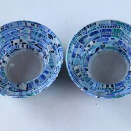 Polymer Clay On Glass Shabbat Candle Holders Handmade Judaica Decor Tealight Set - thumbnail 2