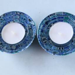 Polymer Clay On Glass Shabbat Candle Holders Handmade Judaica Decor Tealight Set - thumbnail 3