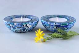 Polymer Clay On Glass Shabbat Candle Holders Handmade Judaica Decor Tealight Set - thumbnail 1
