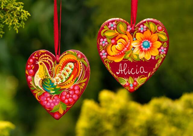 Personalized Heart Ornament, Ukrainian Christmas Decoration, Wooden Petrykivka Painted Custom Heart Decoration - image 1