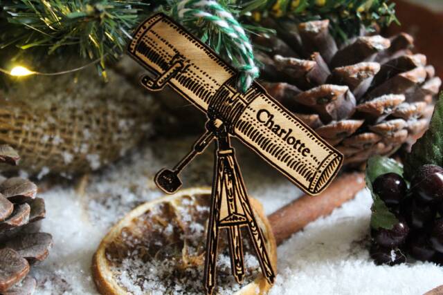 Personalised Telescope Christmas Ornament Astronomy Space Lover Stars Moon Wood Custom Bauble Laser Engraved Rustic Wooden Tree Decoration - image 1