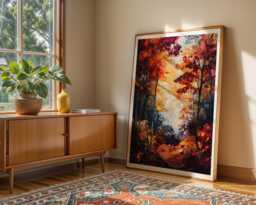 Autumn Forest Print Nature Wall Art Fall Themed Home Decor Seasonal Woodland Scene Poster Textured Trees Abstract Painting Gift Idea - thumbnail 1