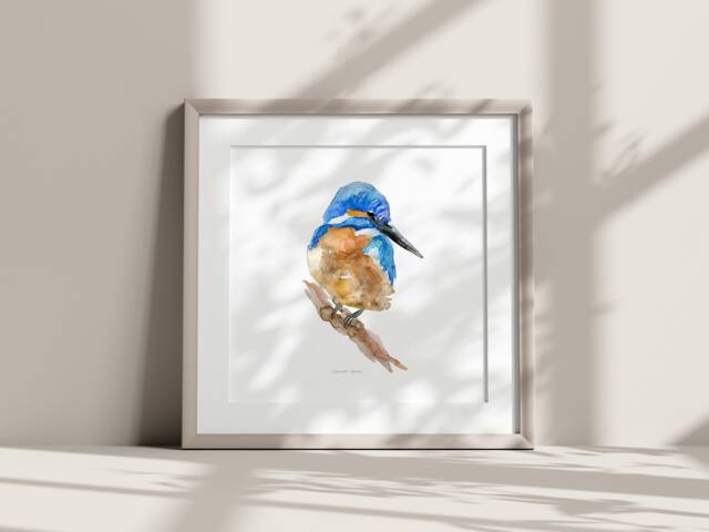 Kingfisher Watercolor Art Print - Teal Blue Bird Zen Decor - image 1