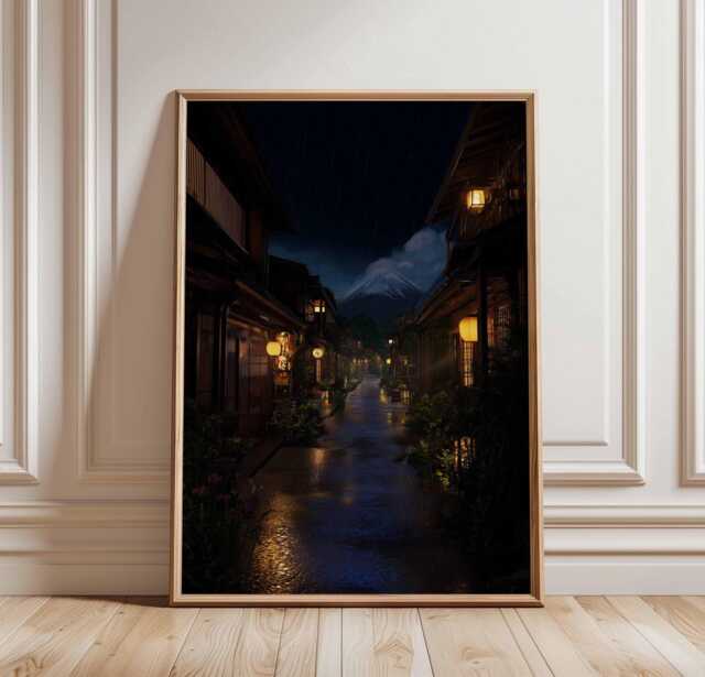 Japanese Street At Night Poster, Mount Fuji Lantern Rain Print, Traditional Kyoto Nightscape Wall Art, Peaceful Dark Japan Decor - image 1