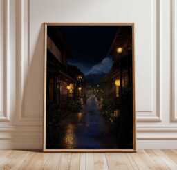 Japanese Street At Night Poster, Mount Fuji Lantern Rain Print, Traditional Kyoto Nightscape Wall Art, Peaceful Dark Japan Decor - thumbnail 1