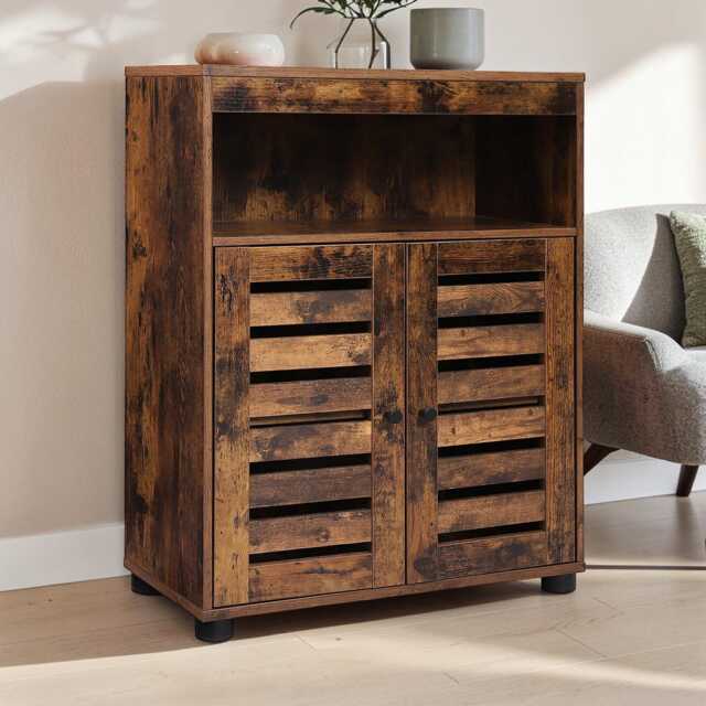 Rustic Bathroom Storage Cabinet Wooden Cupboard With Adjustable Shelf & Louver Doors - image 1