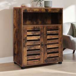 Rustic Bathroom Storage Cabinet Wooden Cupboard With Adjustable Shelf & Louver Doors