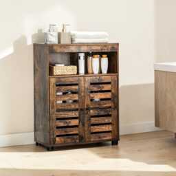 Rustic Bathroom Storage Cabinet Wooden Cupboard With Adjustable Shelf & Louver Doors - thumbnail 2