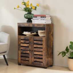 Rustic Bathroom Storage Cabinet Wooden Cupboard With Adjustable Shelf & Louver Doors - thumbnail 3