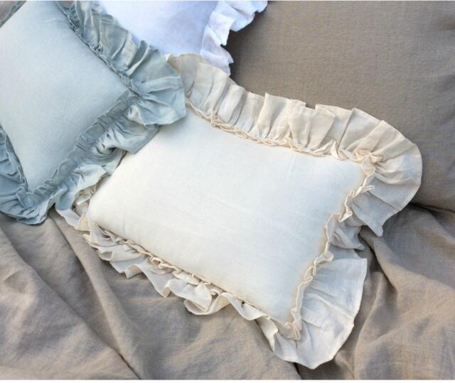 Vintage Ruffle Pillow Covers in Cream Linen, Accented Linen Euro Sham Covers, 12x16, 16x16, 18x18, 20x20, 24x24, 26x26, 28x28 - image 1