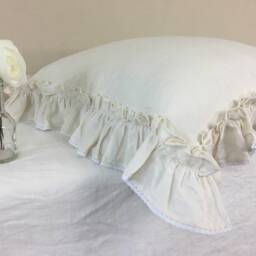 Vintage Ruffle Pillow Covers in Cream Linen, Accented Linen Euro Sham Covers, 12x16, 16x16, 18x18, 20x20, 24x24, 26x26, 28x28 - thumbnail 3