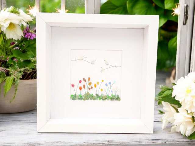 Sea Glass Art Meadow Flowers & Birds Framed One Off Bespoke Design Home Decor - image 1