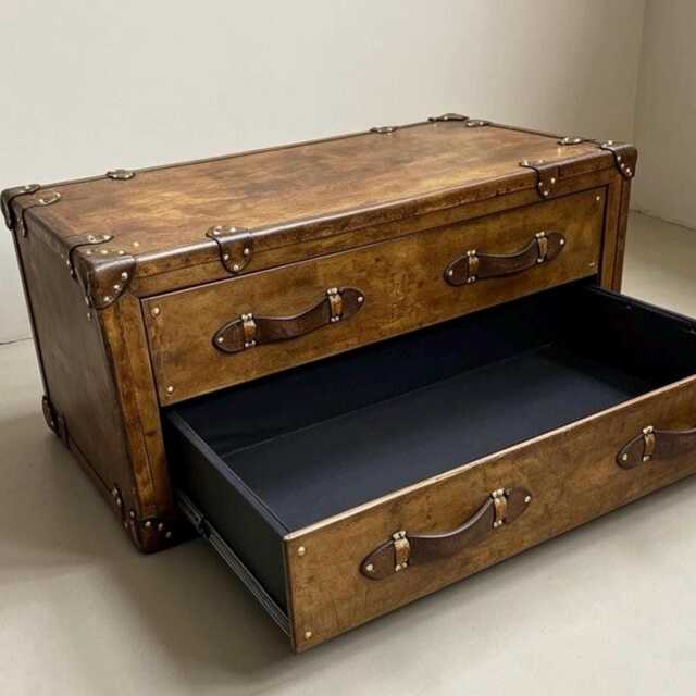 Leather Trunk Drawer Coffee Table Rustic Storage Chest, English Hand Dyed - image 1