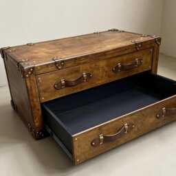 Leather Trunk Drawer Coffee Table Rustic Storage Chest, English Hand Dyed - thumbnail 1