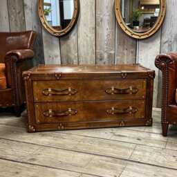 Hand Crafted Leather Steamer Trunk Coffee Table Rustic Storage Chest, Vintage Style Wood Furniture - thumbnail 4
