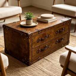 Hand Crafted Leather Steamer Trunk Coffee Table Rustic Storage Chest, Vintage Style Wood Furniture - thumbnail 3