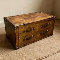 Hand Crafted Leather Steamer Trunk Coffee Table Rustic Storage Chest, Vintage Style Wood Furniture - thumbnail 2
