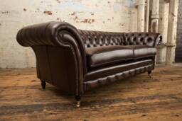 Handmade Traditional 3 Seater Antique Brown Leather Chesterfield Sofa - Reflex Cushion Seat - thumbnail 1