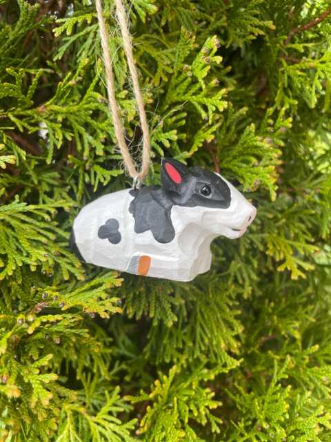 Spotted Cow Ornament Hanging Figurine - Hand Wooden Carved Farm Animal Collectible - image 1