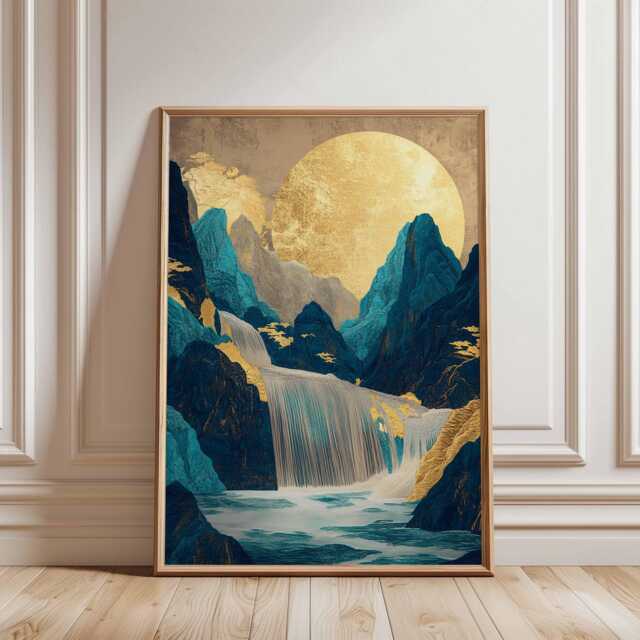 Golden Waterfall Poster, Japanese Landscape Wall Art, Blue Gold Mountain Print - image 1