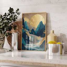 Golden Waterfall Poster, Japanese Landscape Wall Art, Blue Gold Mountain Print - thumbnail 3